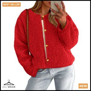 Faux Fur Cropped Jacket Sherpa Fleece Winter Coat Trendy Chic Button Front
